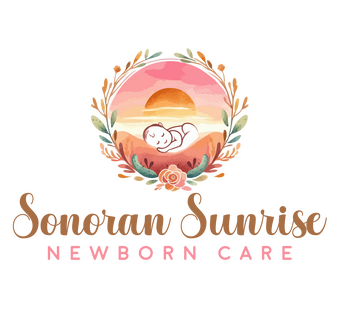 Sonoran Sunrise Newborn Care – Mesa AZ Infant Support Logo Logo for Sonoran Sunrise Newborn Care, featuring a sleeping baby against a Sonoran desert sunrise with floral accents and warm, earthy tones.