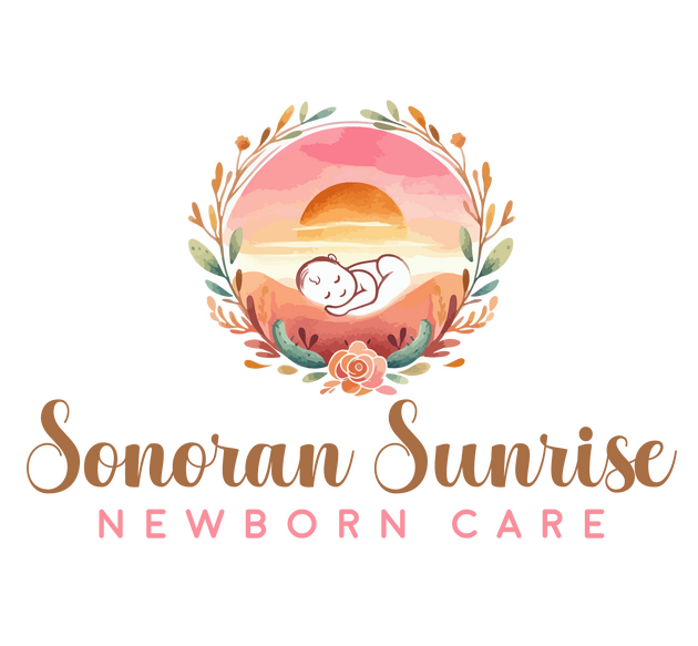 Sonoran Sunrise Newborn Care – Mesa AZ Infant Support Logo Logo for Sonoran Sunrise Newborn Care, featuring a sleeping baby against a Sonoran desert sunrise with floral accents and warm, earthy tones.